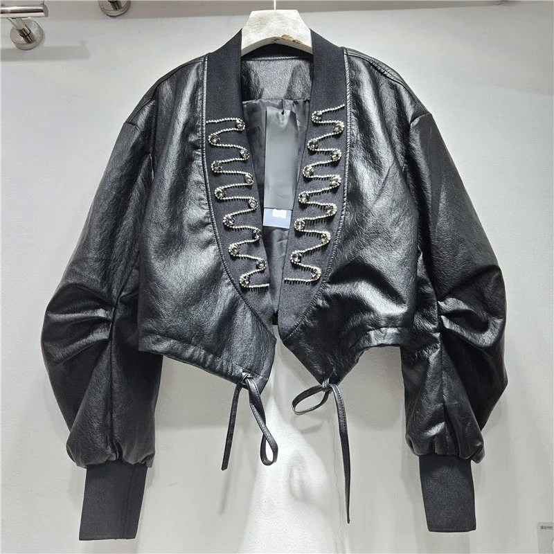 Coffee Color Black Short Faux Pu Leather Cardigan Coat Women V-Neck Long Sleeve Drawstring Waist Hem Autumn Female Biker Jacket