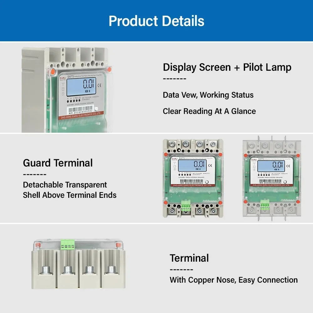 3 Phase 4 Wire Multifunctional Direct Wiring 300A High Power Energy Meter Bidirectional Metering Monitor Backlight Display RS485