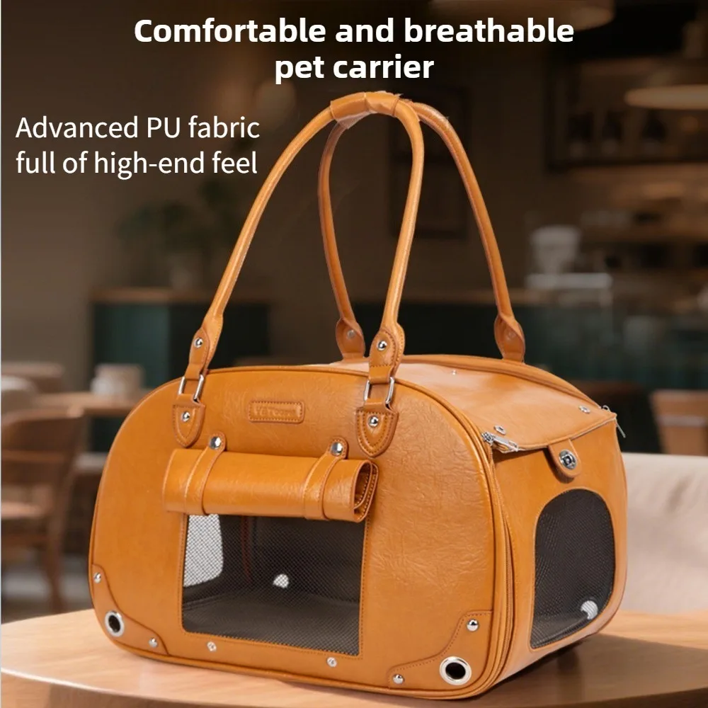 

Leather Cat Bag Travel Portable Pet Carrier Large Capacity Handheld Backpack for Dogs Cats
