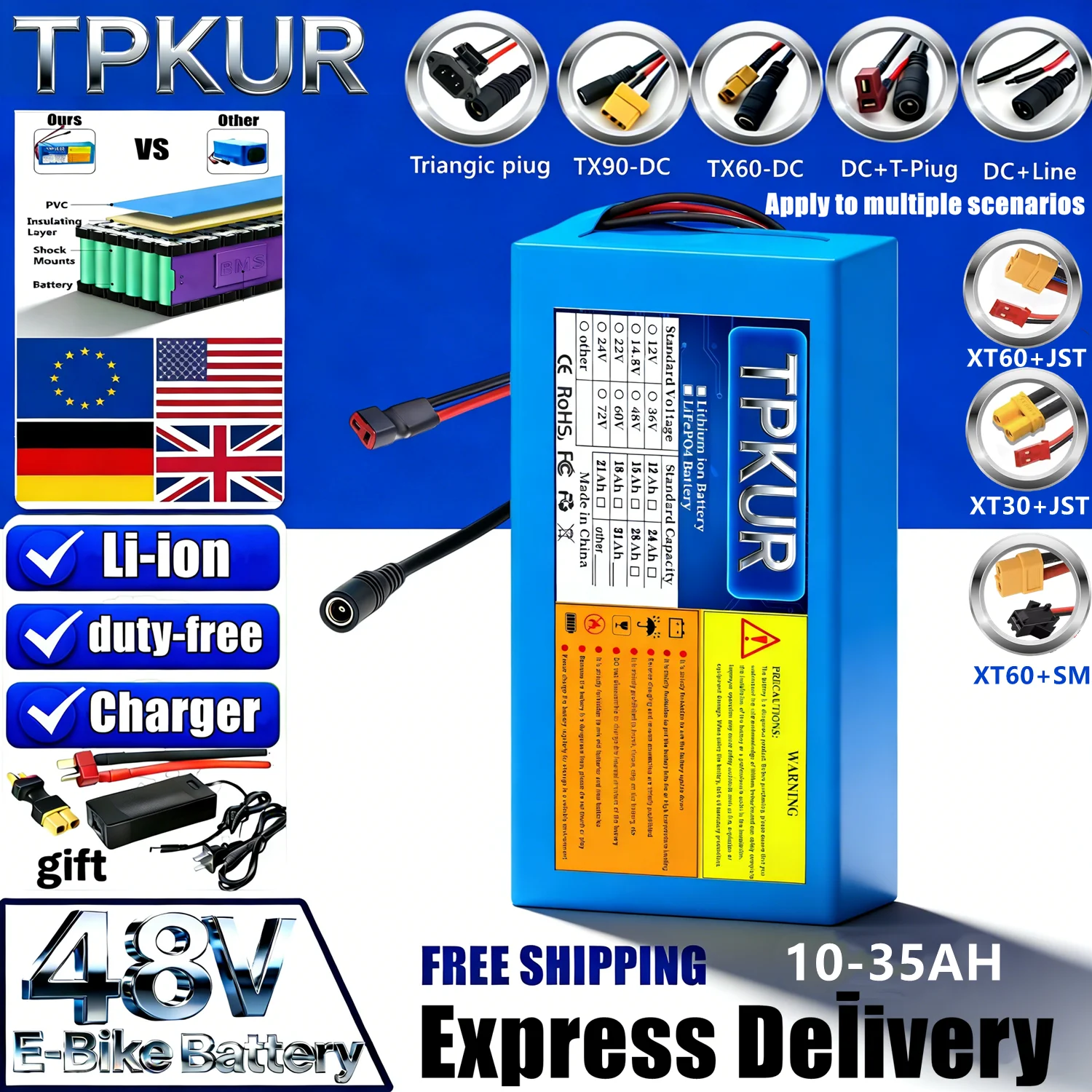 

TPKUR Suitable for 100-1500W scooters, new 48V 13S 2P 3P 4P 5P 7P 18650 lithium-ion battery packs, with built-in BMS and quick c
