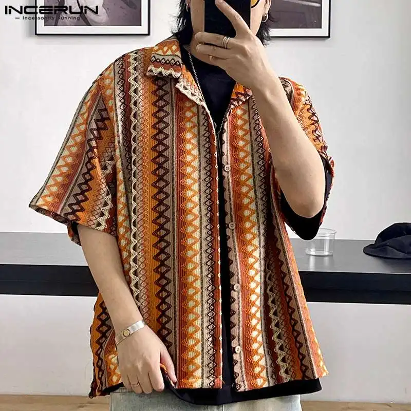 

Handsome Well Fitting Tops INCERUN Men's Ethnic Pattern Hollow Contrast Jacquard Shirts Casual Lapel Short Sleeved Blouse S-5XL