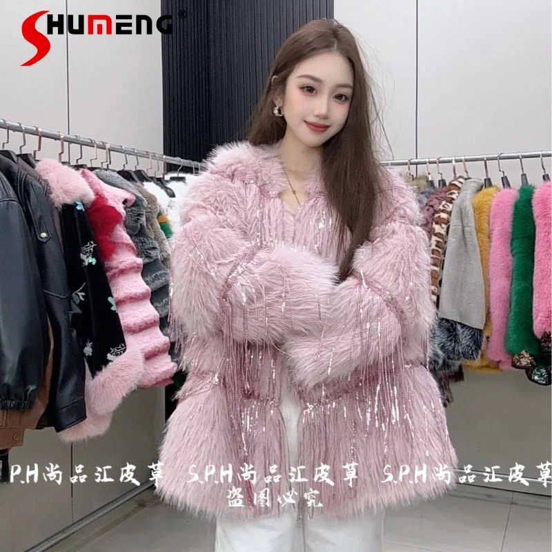 

Женские пальто из искусственного меха, женские зимние новые пальто из искусственного меха 2025 года, модные короткие стильные плюшевые сверкающие куртки с длинными рукавами