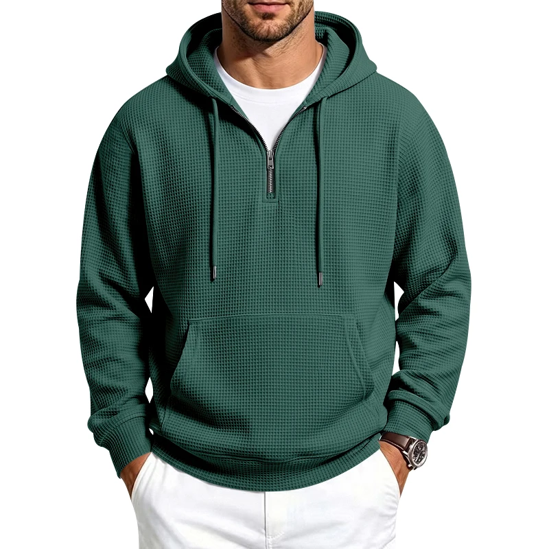 Herren Frühling und Herbst Einteiliger Waffel-Strick 1/4 Reißverschluss Lässiger Loser Kapuzenpullover, Geeignet für den Täglichen Gebrauch – Detail 28