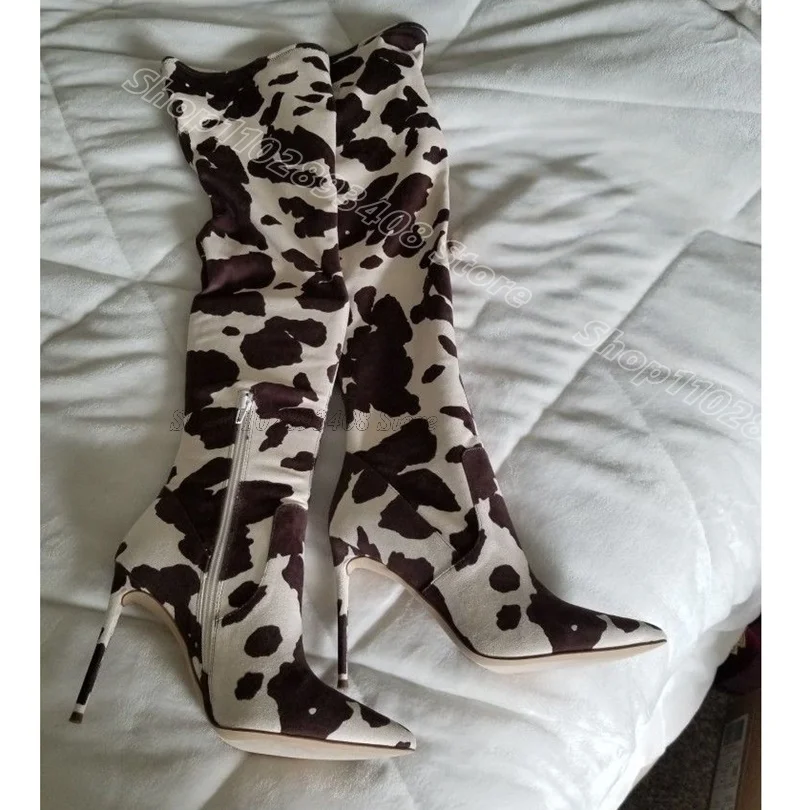 Animal Pattern Side Zipper Boots Pointed Toe Leather Solid Women British Style Party Over Knee Boots 2026 Zapatos Para Mujere