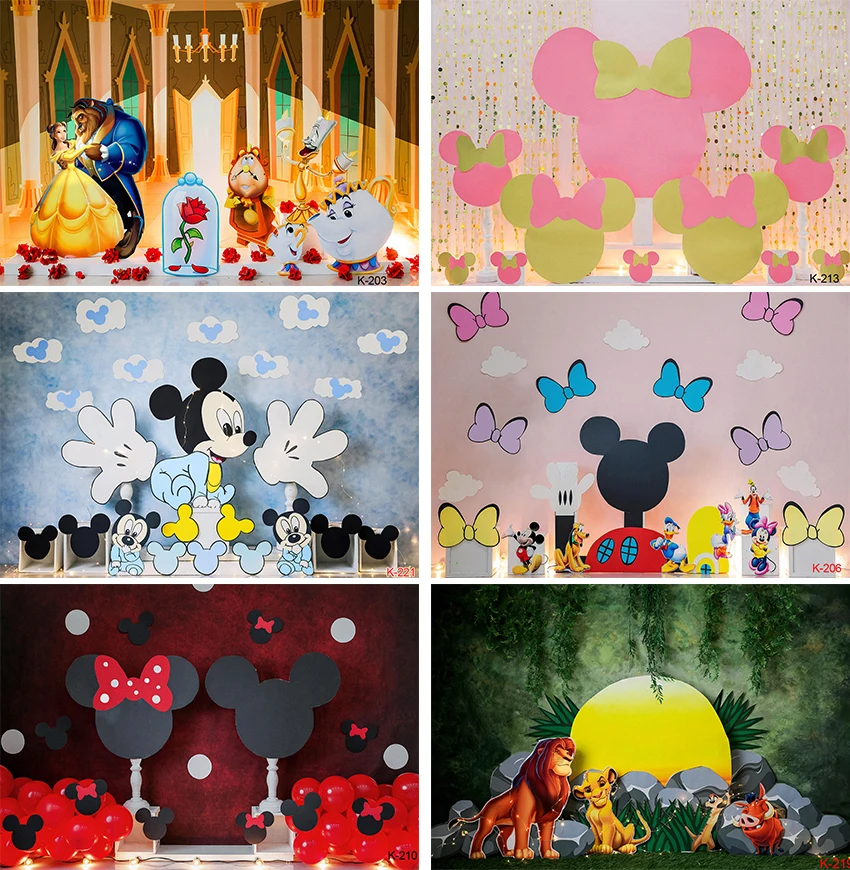 Disney Cartoon Mickey Minnie Mouse Donald Duck Lion King Beauty and The Beast Happy Birthday Backgrounds Decors Party Backdrops