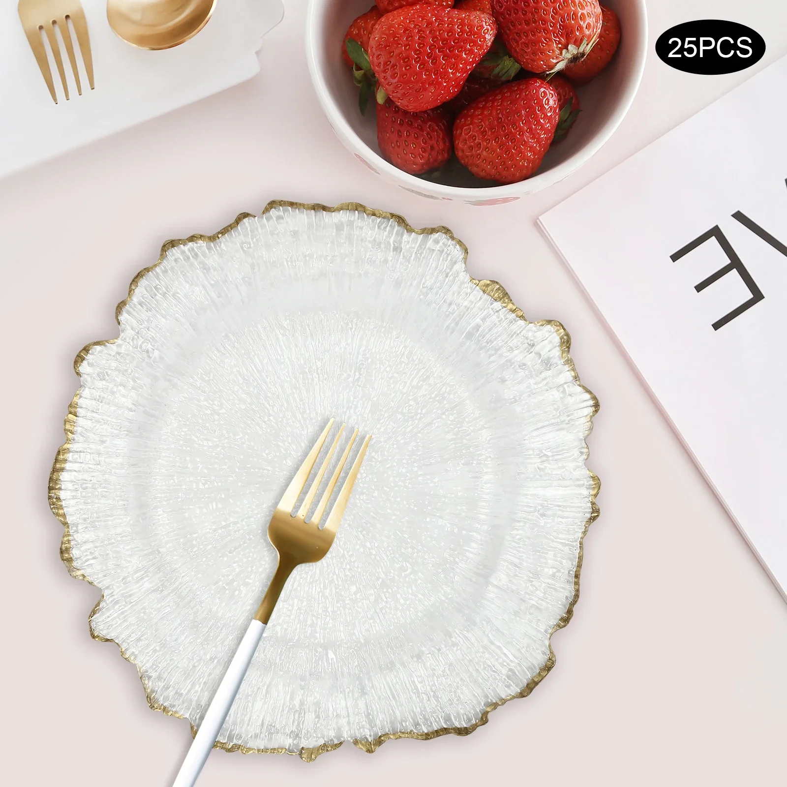 

25pcs Clear Gold Rim Plastic Charger Plates, 32cm Round Decorative Dinner Plates for Wedding, Party, Banquet, Elegant Tableware
