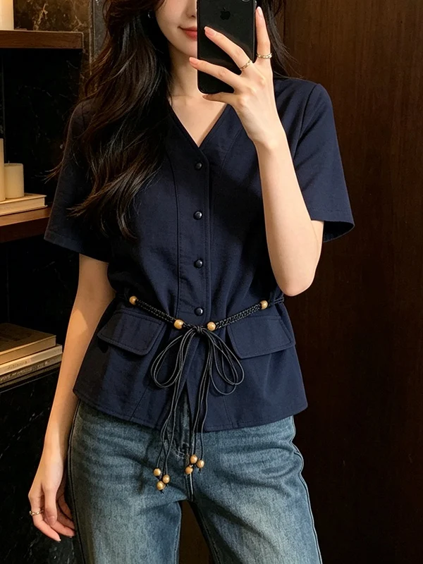 

plus Size Women's Fashionable Shirt Waist Cinched Short Sleeve V-Neck Loose Slimming Top Korean Style Commute Wind 2026 Summe...