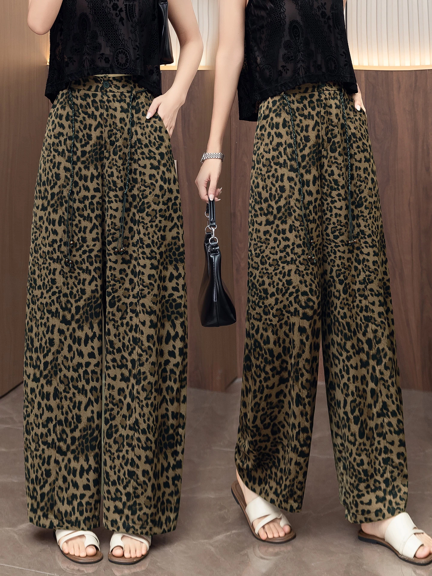 Retro Leopard Print Wide Leg Pants Women's Summer Thin High Waist Loose Ice Silk Straight Tube Pants Casual High Waist Loose Fit