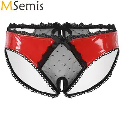 Sexy Mens Sheer Lace Open Crotch Briefs Bowknot Glossy Patent Leather Crotchless Panties Low Waist Underpants Sissy Underwear