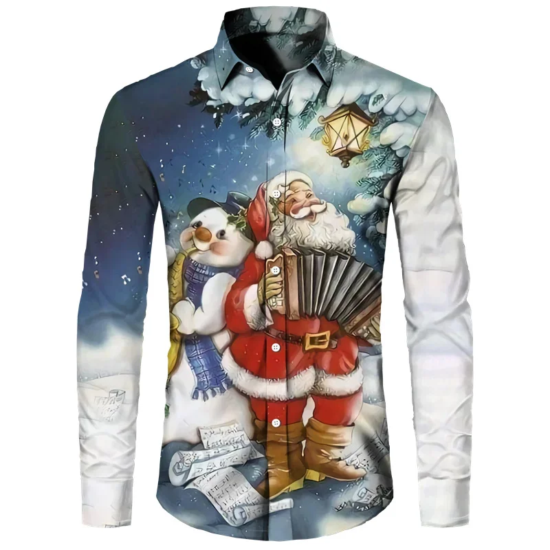 2024 Christmas Long Sleeve Shirt Lapel Men\'s Button Up Shirt Christmas Snowman 3D Printed Men\'s Casual Party Holiday Top 6XL