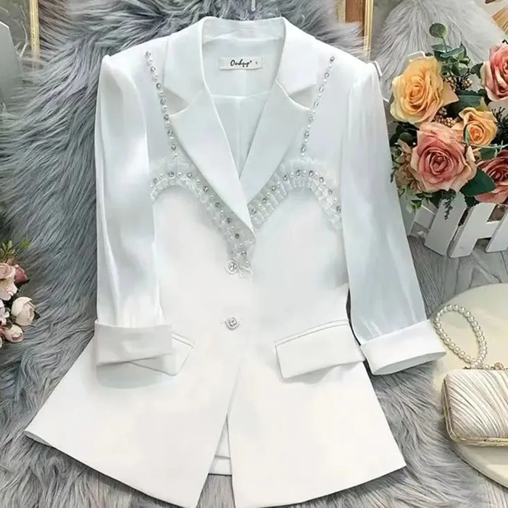 4XL Women\'s Blazer Bead Rhinestone Femme Summer Sunscreen Jacket Blue Cardigan Lady Fashion 2022 Thin Black One Button Suit Coat