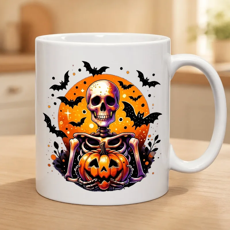 1pc 11oz Ceramic Coffee Mug with Spooky Halloween - Skeleton Holding Pumpkin & Bats, Suitable for Coffee, Tea, Cocoa, Juice, Milk, Smoothies - for, Office, Parties, Hand Wash Only for &