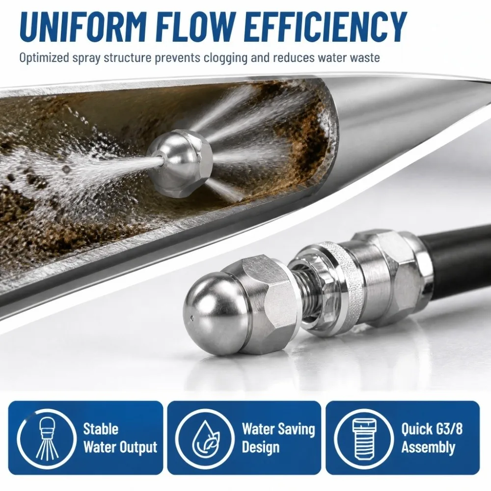 3/8 Inch Sewer Cleaning Nozzle Stainless Steel 1 Forward 6 Rear Jets High Pressure Washer Nozzle Wear Resistant