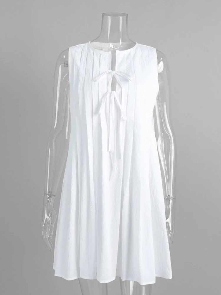 Tsiisd Casual Pieghe Mini Abito Per Le Donne Lace-Up Senza Maniche Solido Allentato Allentato Patchwork Estate 2026 Nuovo Vestito Vestito delle Donne