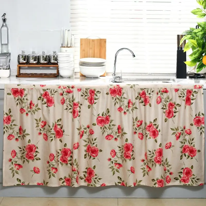 VIKAMA Red Rose Floral Under Sink Skirt Hook Loop No Drill Cabinet Curtain Farmhouse Kitchen Home Decor Cover