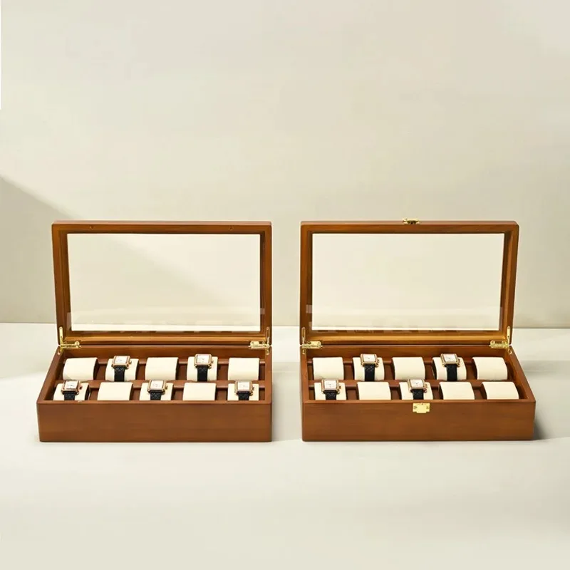 10 Slots Solid Wood Watch Box Clear Glass Lid Magnetic Lock Microfiber Liner Wristwatch Display Storage Case,