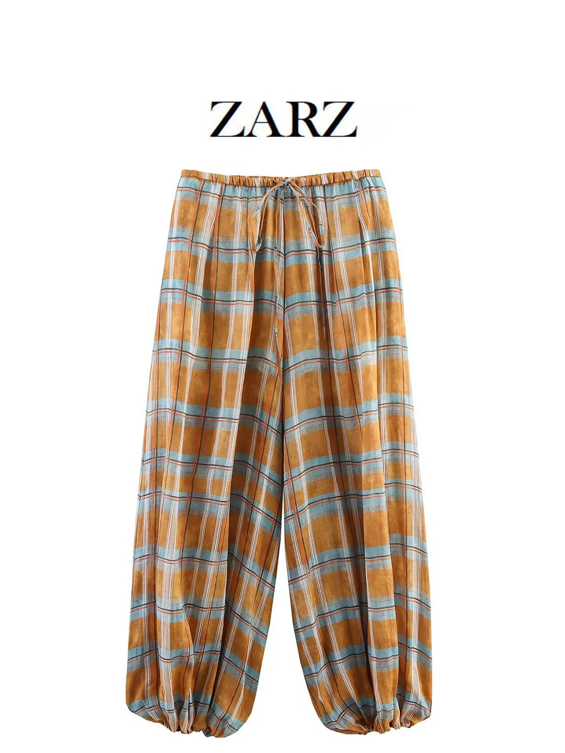 Faionable Plaid Lantern Pants Casual Versatile Women's Straight Leg Trousers Artistic Sle l Waist Elastic Fabric