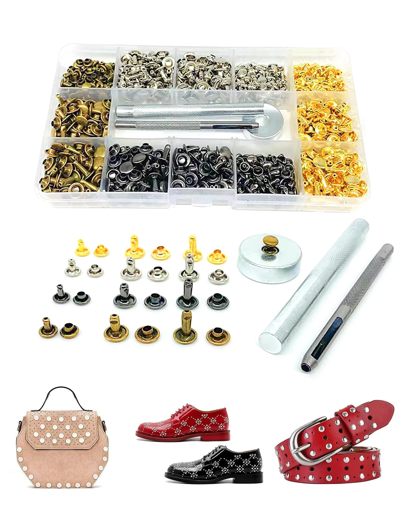 

240 Sets Leather Rivets Kit, Double Cap Iron Rivets Leather Studs with 3PCS Setting Tools for Leather Repair and Crafts 4 Colors