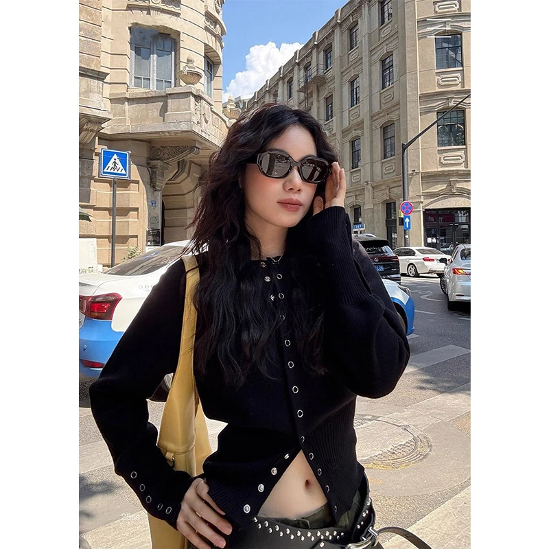 MEXZT Black Knitted Cardigan Women Fashion Streetwear Cropped Sweater Outerwear Korean Long Sleeve Knitwear Winter Slim Jumpers