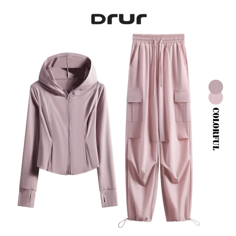 

DRUR Women's Autumn Winter Gym Set Slim Fit Hooded Long Sleeve Fitness Top Pants Suit 2 Piece Sportswear Outift Ladies Tracksuit