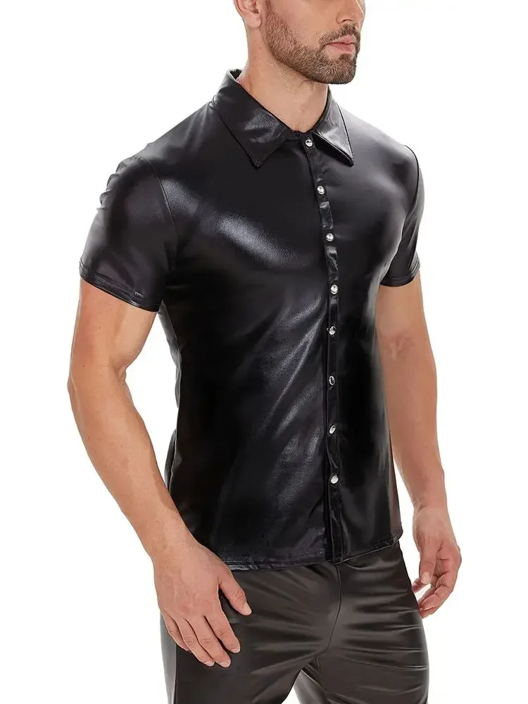 

S-5XL Shiny Faux PU Leather Short Sleeve Tshirt Single Breasted T Shirt Men Muscle Hot Shapers Tops Tee Bodybuilding Sexy Shirts