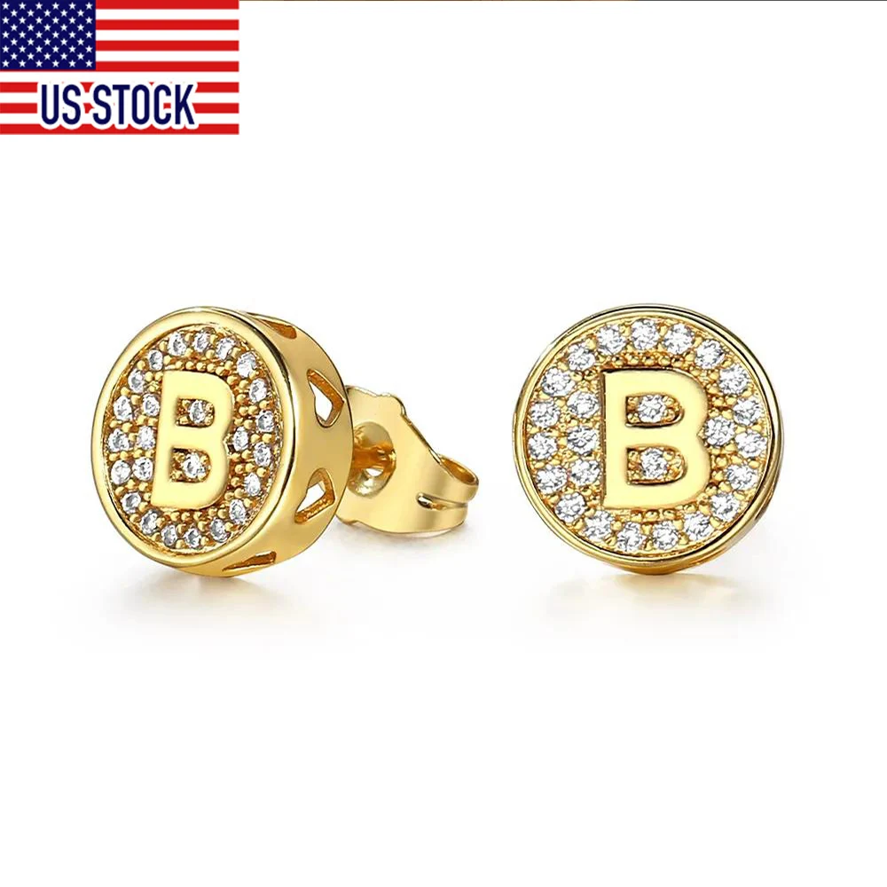 A-Z Initial Letter Stud Ear Earrings Personal Gift for Men Women Gold Color Alphabet ABC CZ Stud Earrings Jewelry DGE353