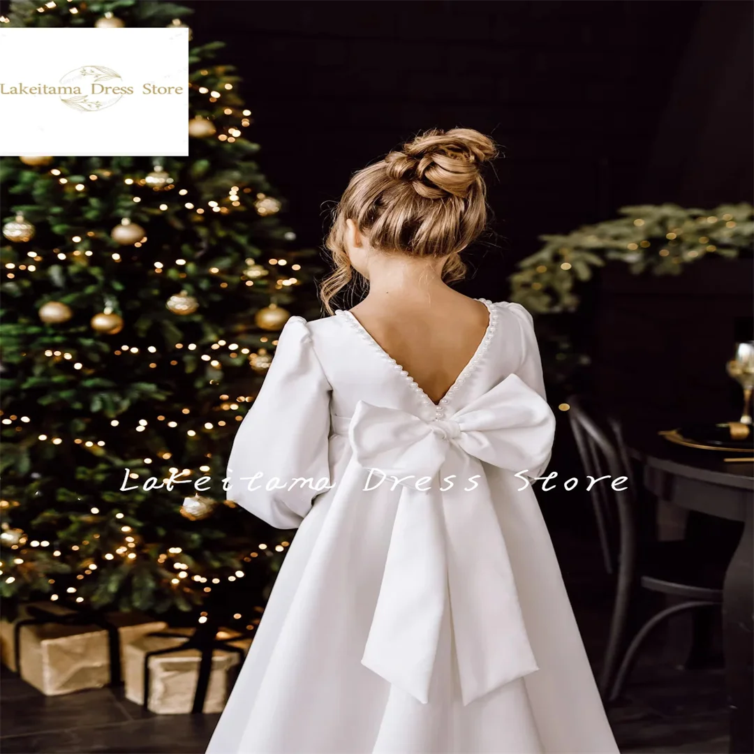 

Elegant White Satin Flower Girl Dresses for Weddings Long Sleeves Pearls Bow Princess Party Pageant First Holy Communion Dress