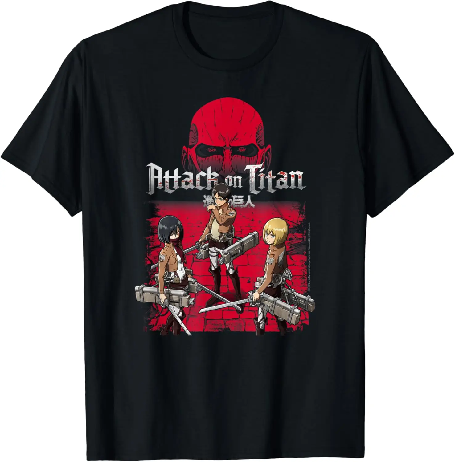 Attack on Titan 3 Main Characters Red Background T-Shirt Short Sleeve Tops Tees Cotton Print Tshirts