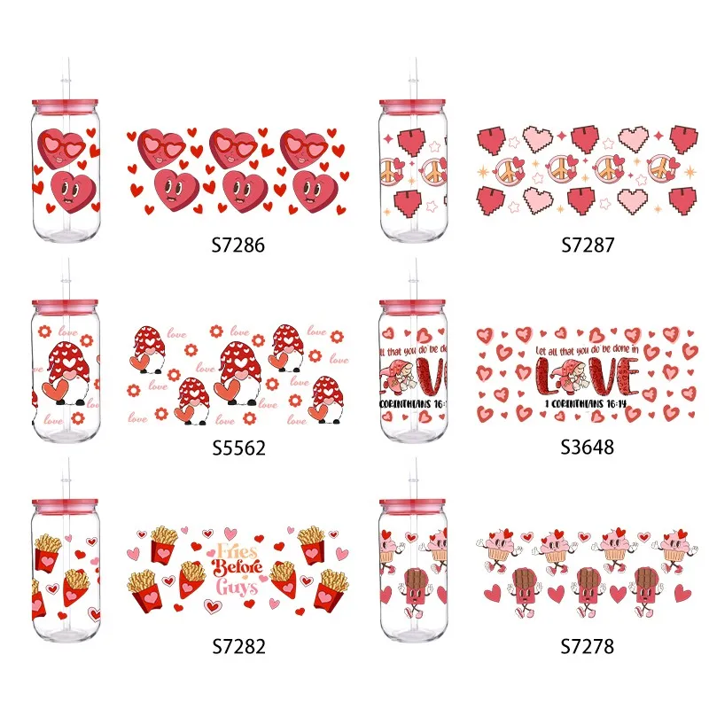 PET Valentine'S Day UV Printed Transfer Plastic Cups For 16Oz Hot Sale With Colored Lid And Clear Straw Waterproof Drop Resistan