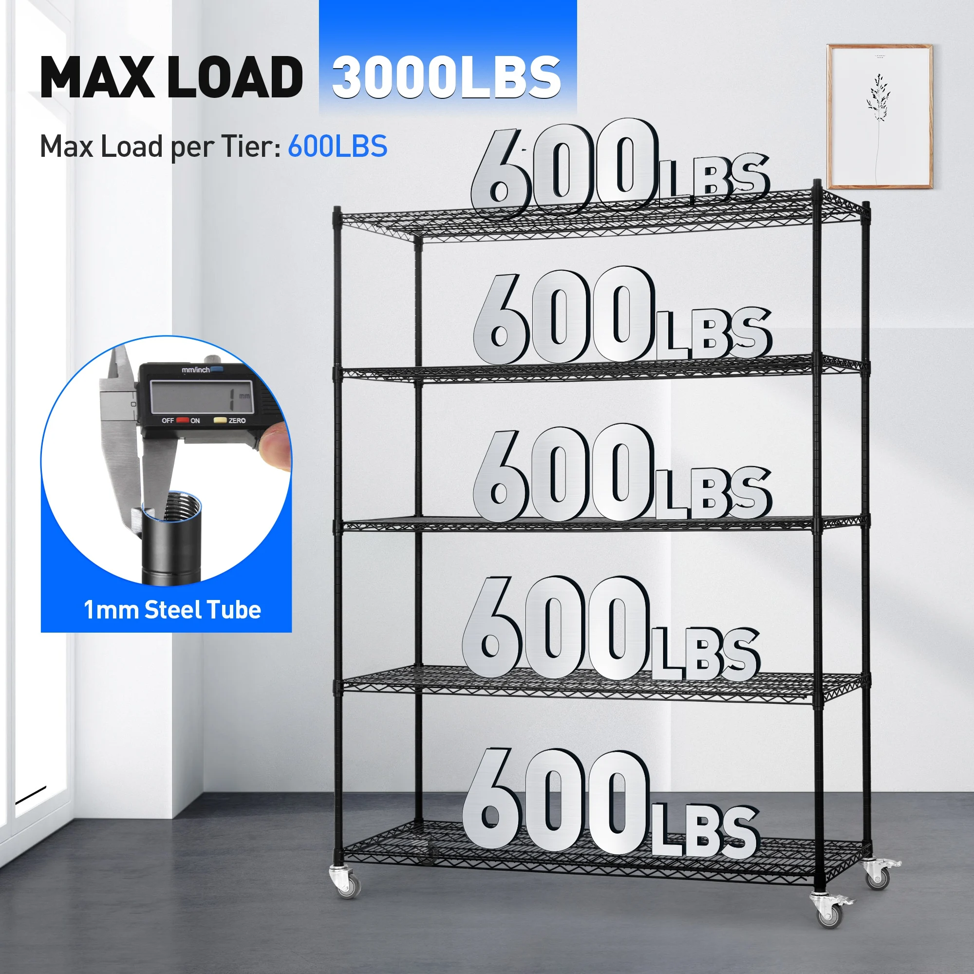 

Garage Rack 5 Tier Shelf Organizer Storage Rack Adjustable Height Heavy Duty Steel Garage Shelving Unit with Wheels Black