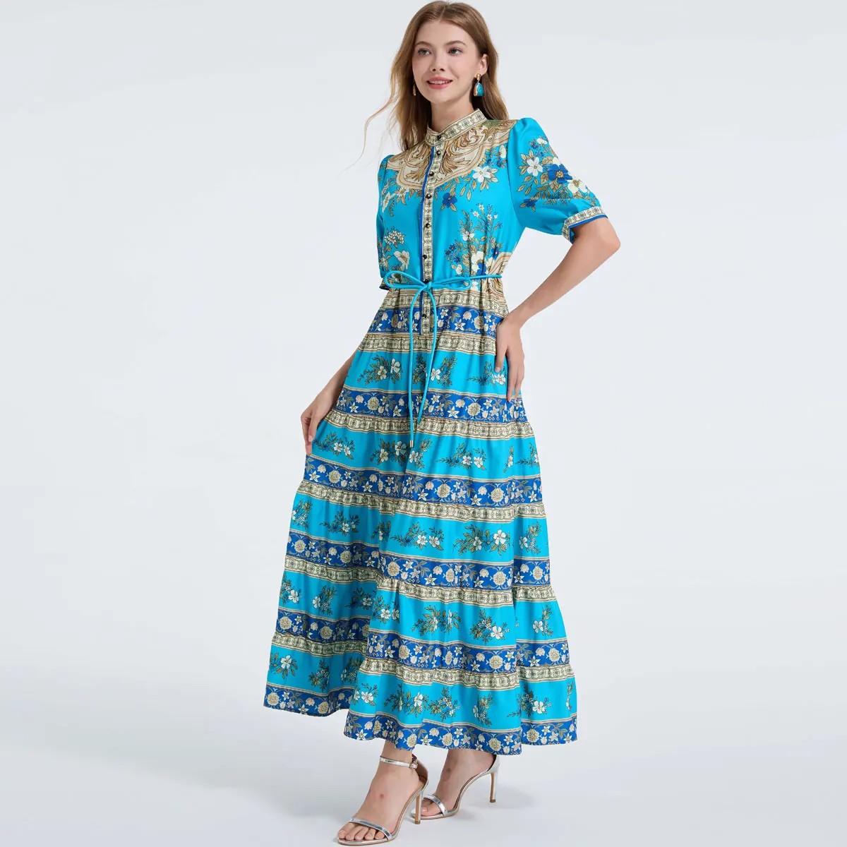 Ele impresso gola bolha sve dr com lindos botões 6 camadas overskirt e cinto outono 2025 nova chegada