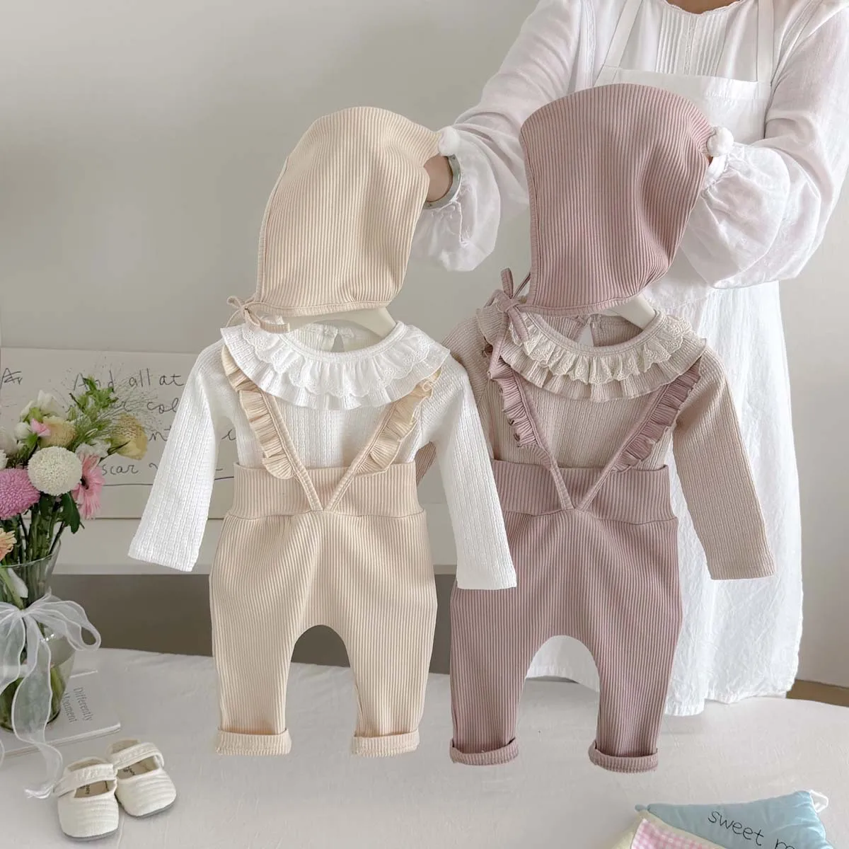New 2026 Autumn Baby Girls' Suspender Pants – Sweet Ruffle Trim Solid Color Versatile Slim-Leg Trousers