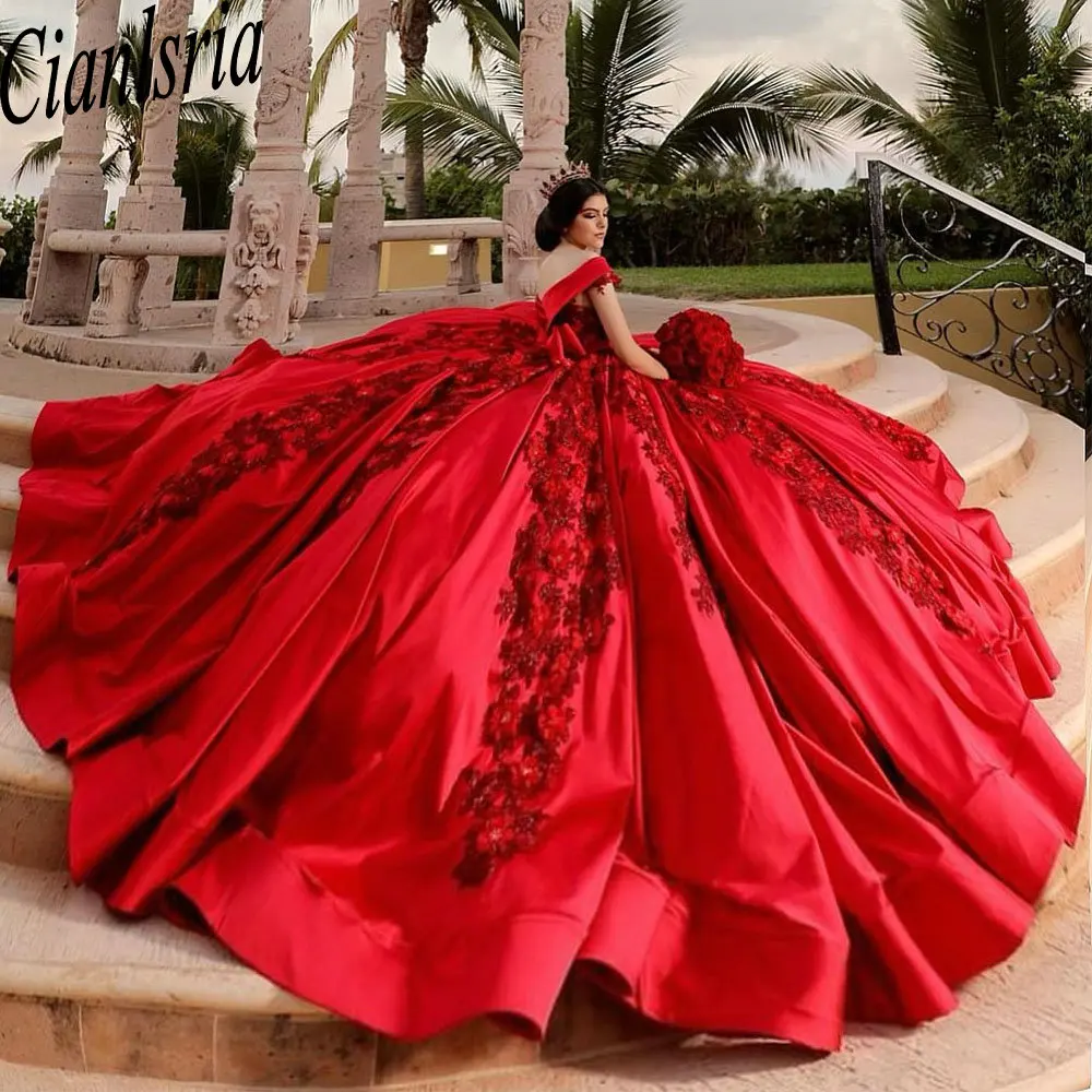 Vestido Quinceanera off-the-ombro com apliques de renda lantejoulas, espartilho 3D flores, vestido de baile vermelho, 15 anos