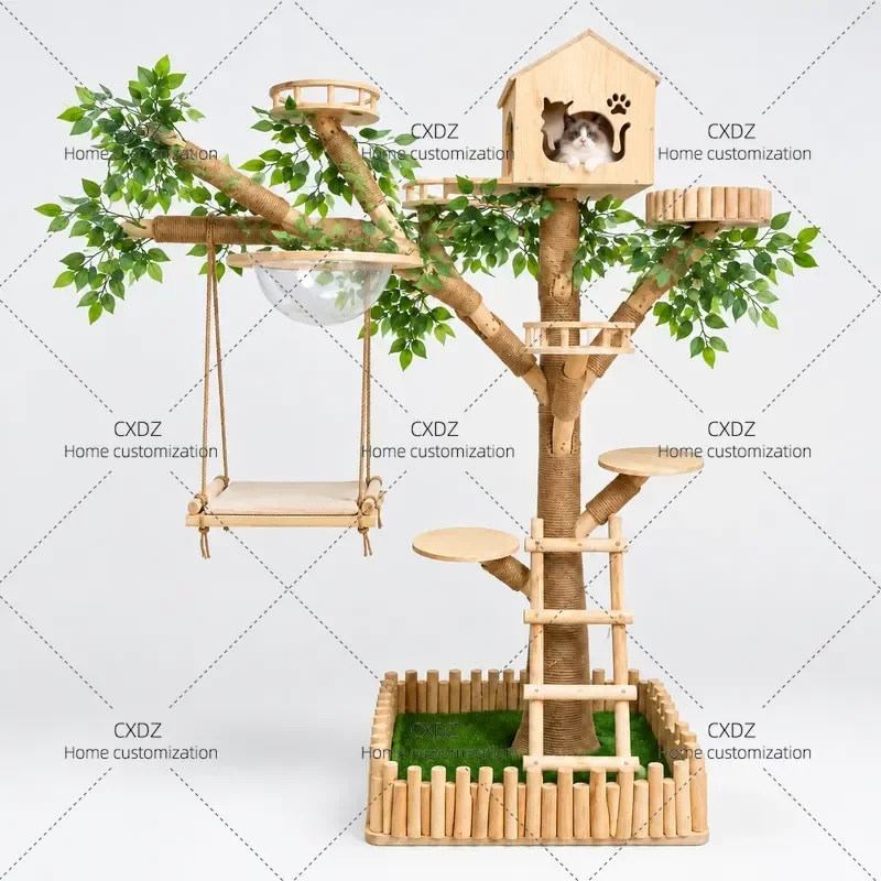 Large Solid Wood Cat Tree Cherry Blossom Design Wear Resistant Non Sticky Climbing Frame with Integrated Nest for Cats