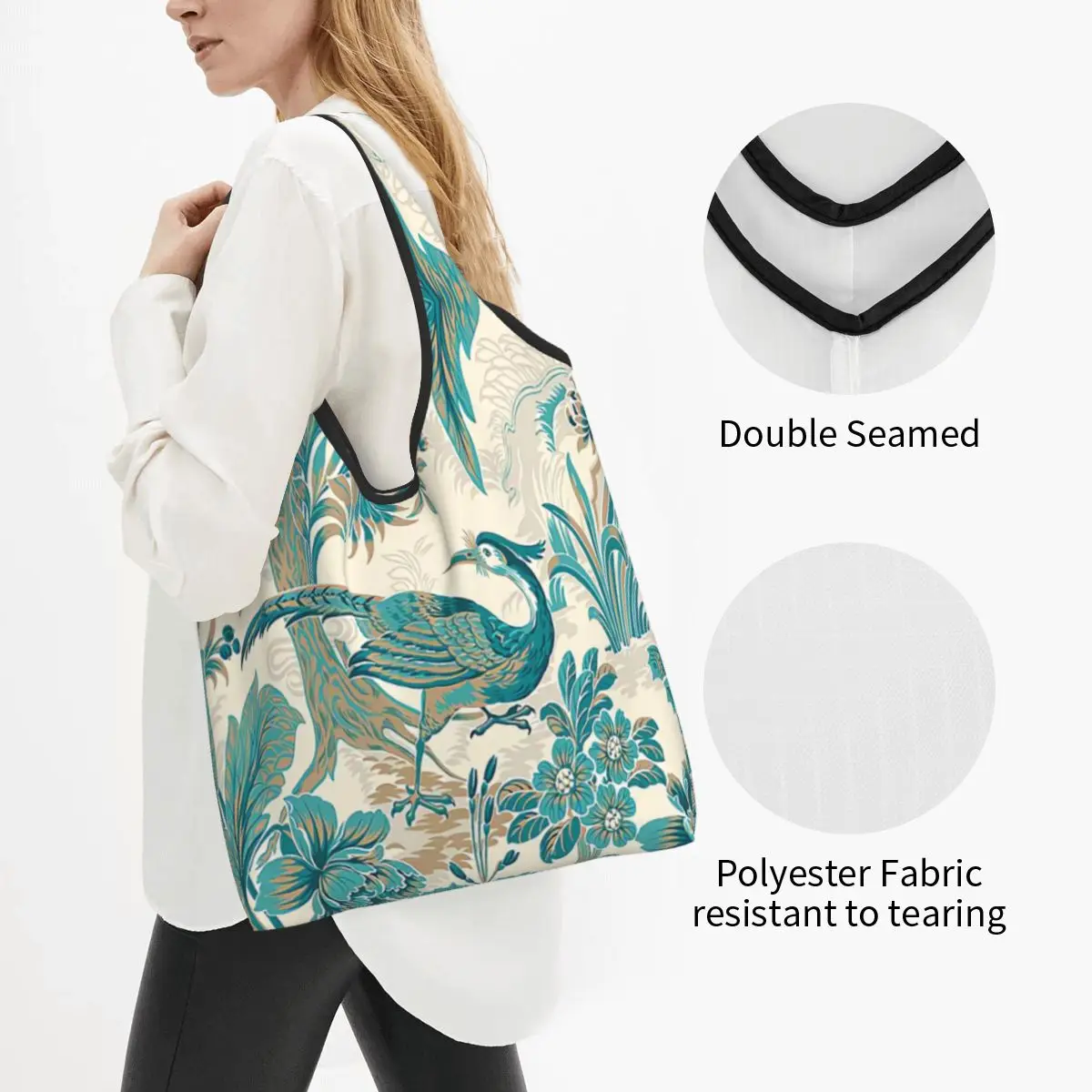 Recycling Peacock Blue And Metallic Bird Toile Shopping Bag Tote Bag Portable Toile De Jouy Motif Pattern Grocery Shopper Bags