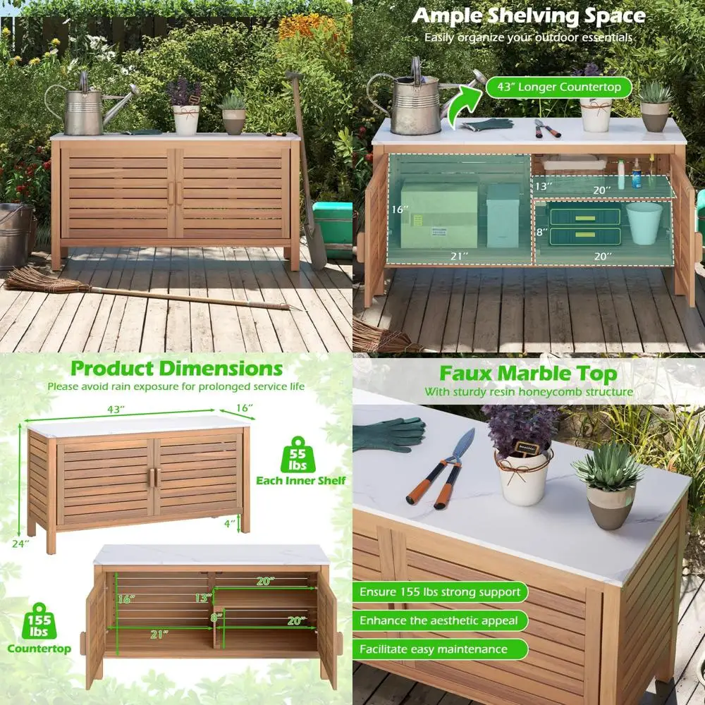 Aparador de madera para exteriores, mueble de almacenamiento con puertas de madera de acacia y tapa de mármol sintético para jardín y Patio