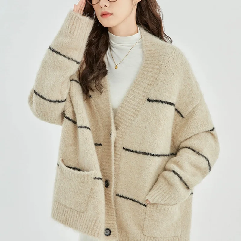 

Осень-зима, высококачественный вязаный кардиган премиум-класса, женский кашемировый свитер средней длины из 100% шерсти, свободное пальто с v-образным вырезом, женская куртка