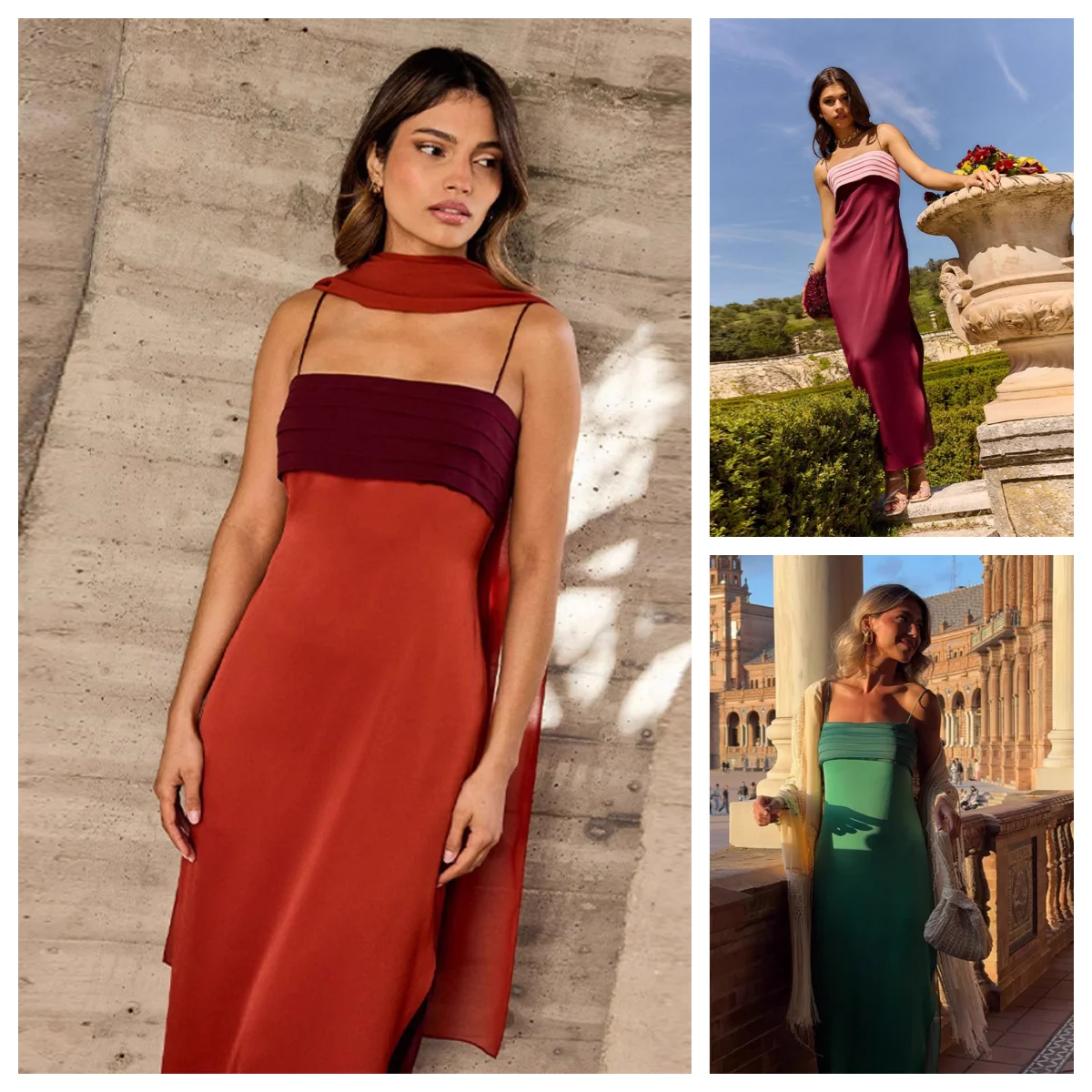 Elegant Color Block Suepander Maxi Dress Sleeveless Halter Spaghetti Strap Satin Dresses 2025 New Summer Lady Party Streetwear