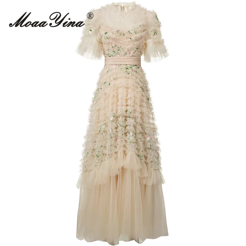 MoaaYina Vestido feminino retrô bordado estampado em camadas de malha plissada gola redonda manga curta S-4XL