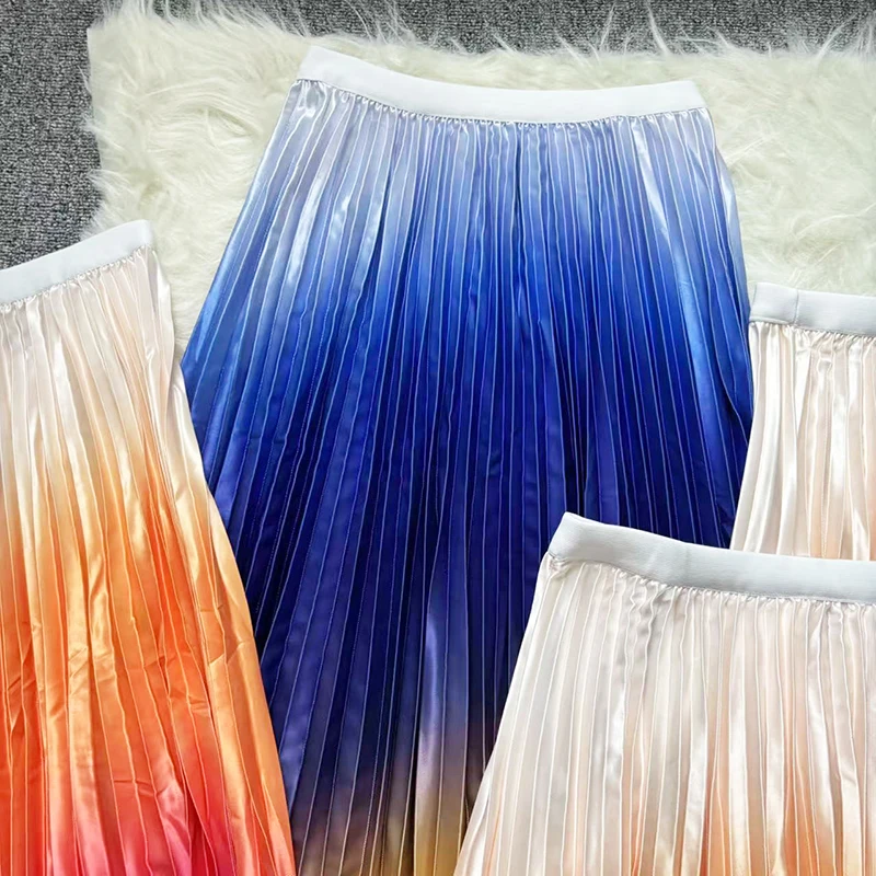 Women's Pleated Skirt Summer Brown Ruffle Skirt Cylinder Pleats Mid Waist Midi Skirt Fashion Elegant Women Long Skirt 2026
