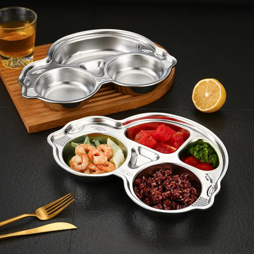 

Durable Stainless Steel Children's Dinner Plate Cartoon Pattern Divided Fruit Plate Drop-proof Food Feeding Dishes Lunch