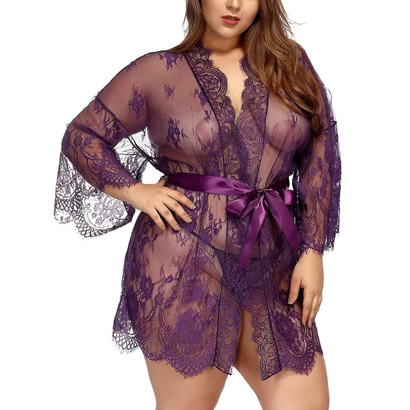 Robe de nuit sexy en dentelle transparente pour femme, lingerie, vêtements de nuit, bandage, V profond, string, transparent