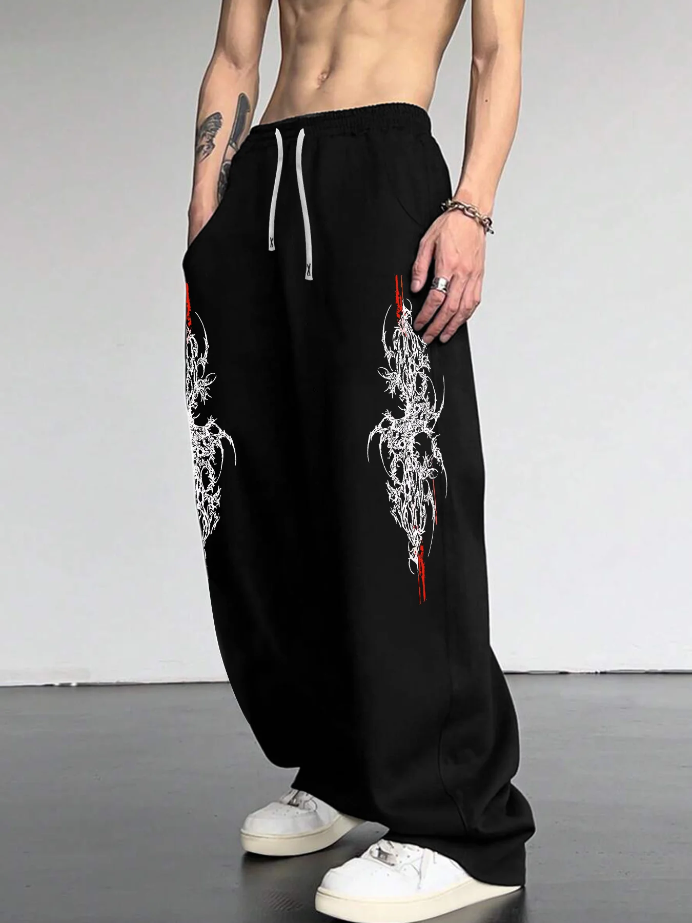 

Готические татуировки в темном стиле, мужские повседневные спортивные свободные прямые брюки, осенне-зимняя модная уличная одежда