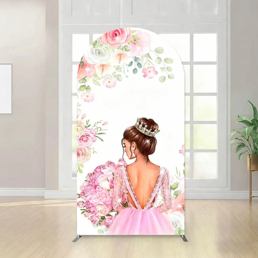 Mehofond Custom 2-Sided Quinceanera Pink Dress Floral Princess Girls Birthday Party Cover Chiara Arch Background Decor Backdrop