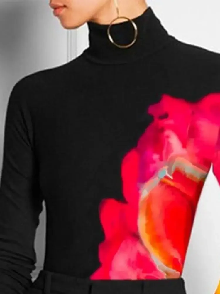 Bohohipei 2024 Latest Casual Basic Tops Women Fashion Contrast Color Printed Spring Autumn Long Sleeve High Neck Skinny T-Shirts