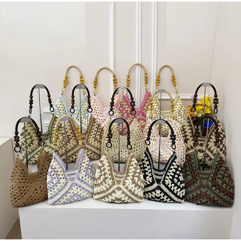 8 Stile Perlenbesetzte Häkel-Strick-Handtasche mit Farbblock-Design, Damen Sommer Hohlgeflochtene Handtasche, Leichte Lässige Strandtasche – Detail 7