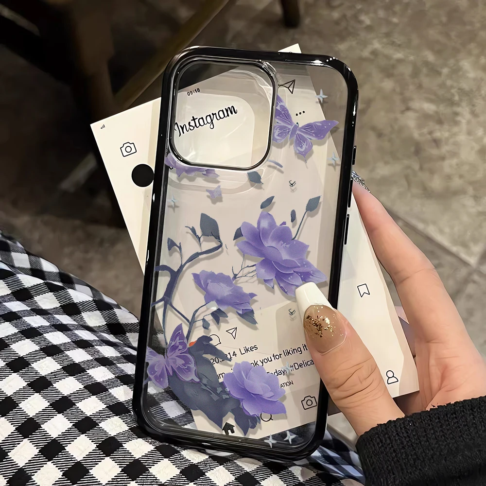 

Прозрачный чехол для телефона с розовым и фиолетовым узором лотоса для iPhone 11 13 Pro 12 15 14 16 Pro Max 15 Plus Hard PC Cover