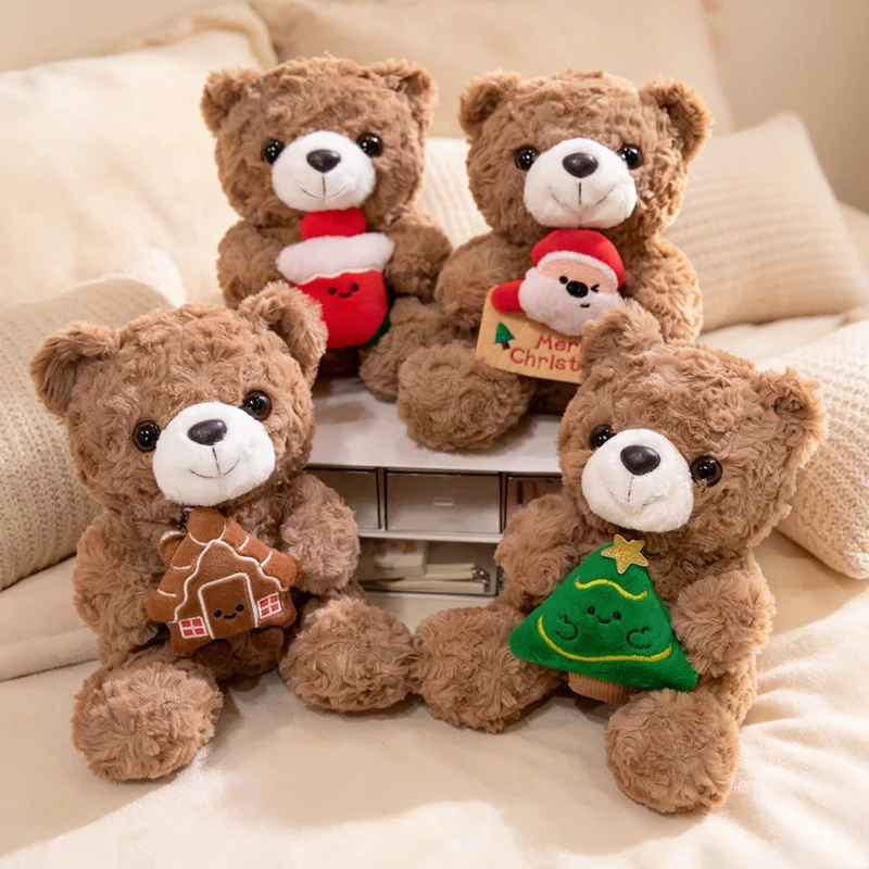 Lovely Curly Brown Teddy Bear Plush Doll with Christmas Tree Gingerbread House Santa Ornament Stuffed Animal Holiday Present