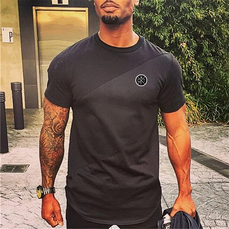 Summer Mens Breathable Gym Workout Fitness Weight training Climbing Sleeves Sports Trend Stitching Contrast Cotton Tops T-shirts
