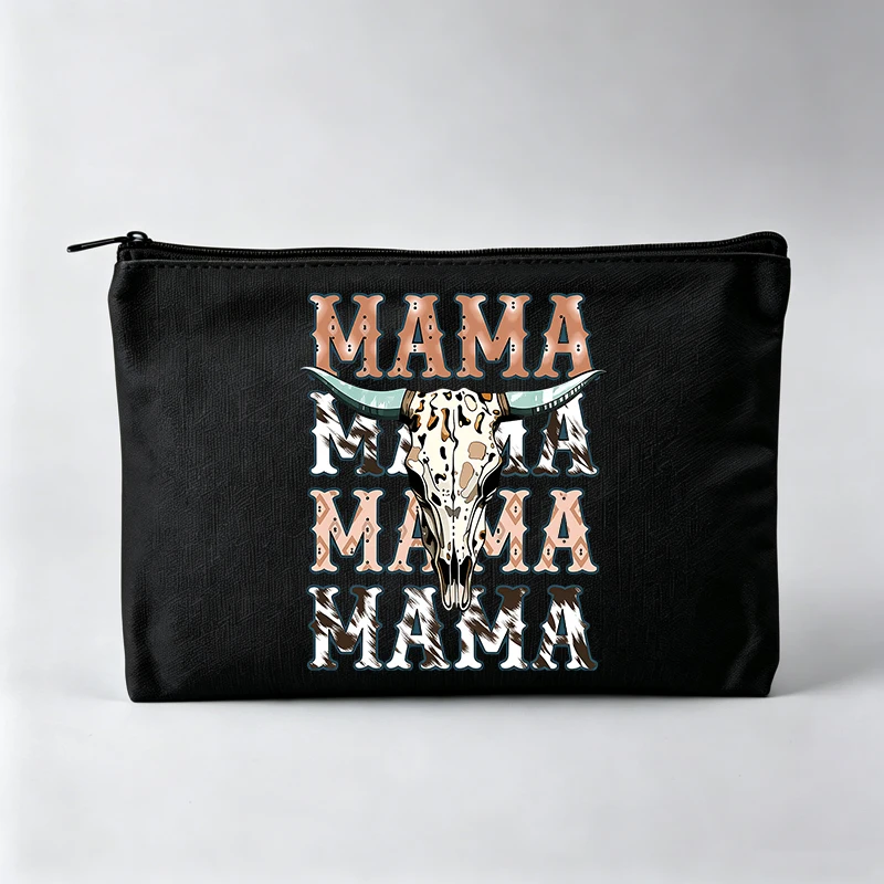 Cow Skull and Letter Print Makeup Bag, Western Style Cosmetic Pouch for Daily Use